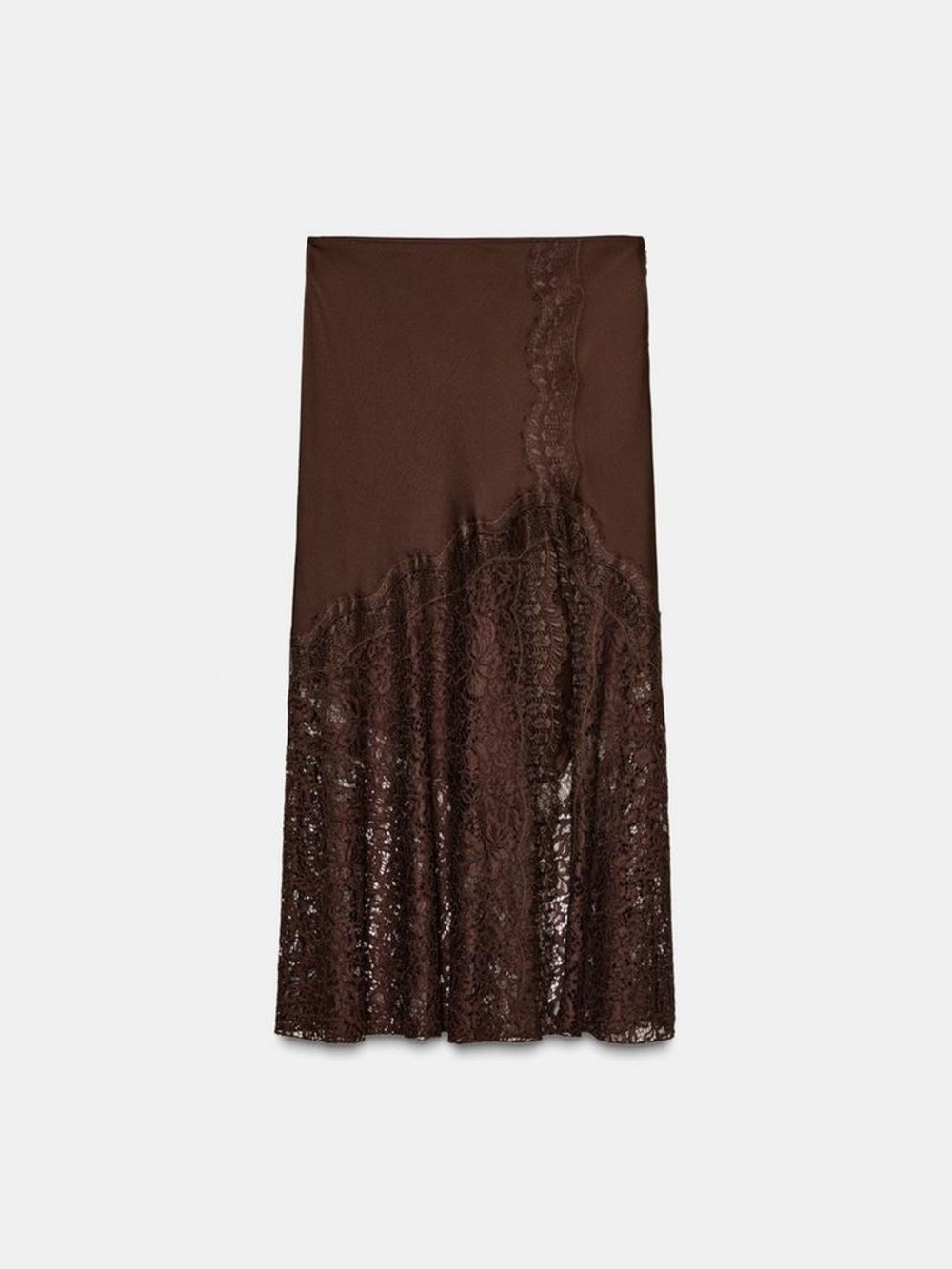 NWOT. Zara ZW Collection Brown High-waist Satin Midi Skirt with Lace. Size S. - Picture 8 of 14